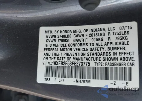 2015 Honda Civic Lx z USA, uszkodzony, nr VIN 19XFB2F53FE273775